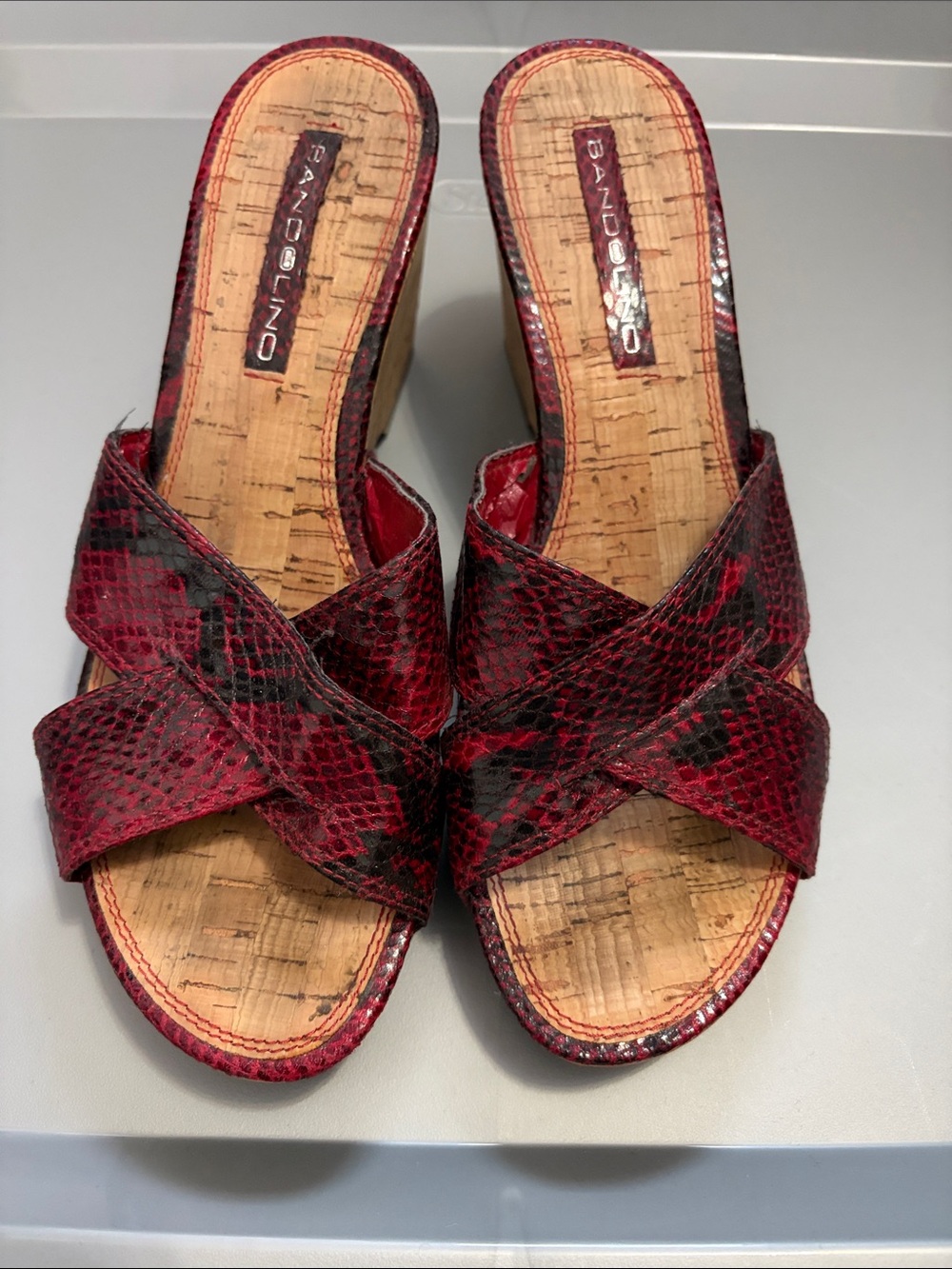 Bandolino Red and Black Snake-Print Cork Wedge Mules